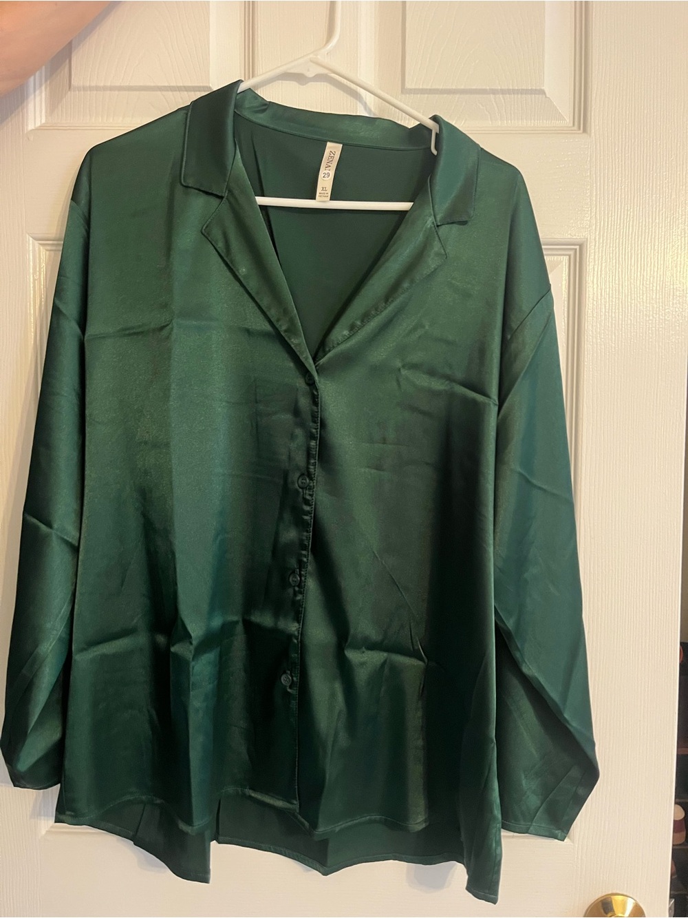 Zenana Satin Button-Front Blouse in Deep Green